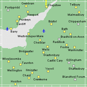 Active map showing Somerset, Glamorgan and
                  Gloucestershire - Click a yellow square to view all
                  accommodation in that place